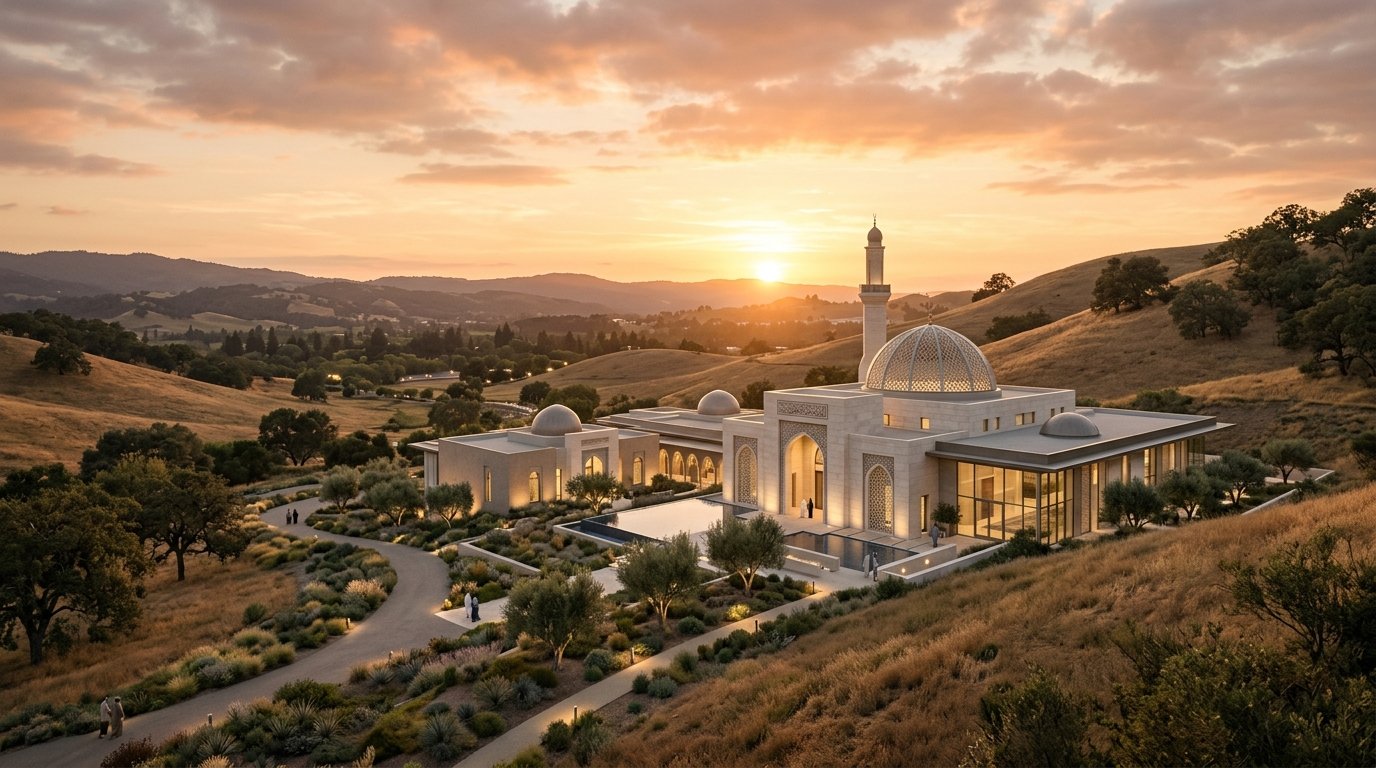 Aerial modern California mosque landscape visualization